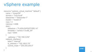 30
vSphere example
resource "vsphere_virtual_machine" "default" {
name = ”mysql-04"
domain = ”corp.local"
datacenter = "datacenter-1"
cluster = "cluster-2"
vcpu = 2
memory = 4096
disk {
datastore = ”FLASH-DATASTORE-14"
template = "centos-7.0-x86_64"
iops = 5000
}
gateway = "192.168.0.254"
network_interface {
label = ”internal"
ip_address = "192.168.0.74"
subnet_mask = "255.255.255.0"
}
}
 