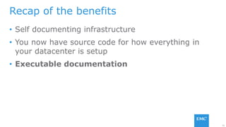 31
• Self documenting infrastructure
• You now have source code for how everything in
your datacenter is setup
• Executable documentation
Recap of the benefits
 
