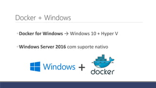 Docker + Windows
◦Docker for Windows → Windows 10 + Hyper V
◦Windows Server 2016 com suporte nativo
+
 