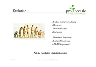 12.10.2010 © pro accessio GmbH & Co. KG, 2010 3
Evolution
•  Stetige Weiterentwicklung
•  Konstanz
•  Berechenbarkeit
•  Sicherheit
•  Bewährtes Bewahren
•  Sichere Umgebung
•  „Wohlfühlprozesse“
Auf die Revolution folgt die Evolution
 