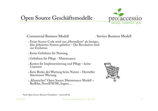 12.10.2010 © pro accessio GmbH & Co. KG, 2010 8
Open Source Geschäftsmodelle
 Commercial Business Modell
•  Freier Source Code wird von „Herstellern“ als fertiges,
klar deﬁniertes System geliefert – Die Revolution wird
zur Evolution
•  Keine Gebühren für Nutzung
•  Gebühren für Pﬂege - Maintenance
•  Kosten für Implementierung und Pﬂege – keine
Lizenzen
•  Kein Risiko der Wartung beim Nutzer – Hersteller
übernimmt Wartung
•  „Klassisches“ Open Source Maintenance Modell –
RedHat, Novell/SUSE, Ingres, ...
 Service Business Modell
Nach Open Source Business Foundation - www.osbf.de
 
