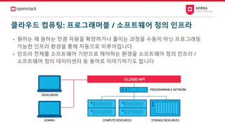 클라우드 컴퓨팅: 프로그래머블 / 소프트웨어 정의 인프라
• 원하는 때 원하는 만큼 자원을 확장하거나 줄이는 과정을 수동이 아닌 프로그래밍
가능한 인프라 환경을 통해 자동으로 이루어집니다
• 인프라 전체를 소프트웨어 기반으로 제어하는 환경을 소프트웨어 정의 인프라 /
소프트웨어 정의 데이터센터 등 용어로 이야기하기도 합니다
CLOUD API
 