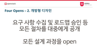 Four Opens – 2. 개방형 디자인
요구 사항 수집 및 로드맵 승인 등
모든 절차를 대중에게 공개
모든 설계 과정을 open
 