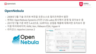 OpenNebula
• 2008년 3월 기술 프리뷰 버전을 오픈소스로 릴리즈하면서 발전
• 현재는 OpenNebula Systems (이전 C12G Labs) 회사에서 운영 및 유지보수 중
• 2017년 7월 기준 버전 5.4.0으로, 3.8부터는 상업용 제품에 대해서만 유지보수 중
• 지원 하이퍼바이저: KVM, Xen, VMware ESXi, Hyper-V
• 라이선스: Apache License 2
 