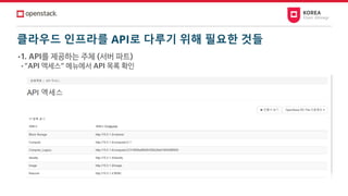 클라우드 인프라를 API로 다루기 위해 필요한 것들
• 1. API를 제공하는 주체 (서버 파트)
• “API 액세스” 메뉴에서 API 목록 확인
 