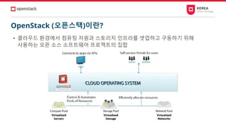 OpenStack (오픈스택)이란?
• 클라우드 환경에서 컴퓨팅 자원과 스토리지 인프라를 셋업하고 구동하기 위해
사용하는 오픈 소스 소프트웨어 프로젝트의 집합
 