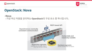 OpenStack: Nova
•Nova
• 가상 머신 자원을 관리하는 OpenStack의 구성 요소 중 하나입니다.
Asynchronous eventually
consistent communication
REST-based API
Hypervisor agnostic:
support for Xen ,XenServer, Hyper-V,
KVM, UML and ESX is coming
Horizontally and
massively scalable
Hardware agnostic:
standard hardware, RAID not required
 