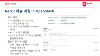Gerrit 리뷰 과정 in OpenStack
• 점수 부여
➢ -2: 받아들일 수 없는 수정
➢ -1: 수정 필요한 사항
➢ 0 : 중립 또는 자세한 comment
작성시
➢ +1: 리뷰 결과 괜찮음
➢ +2: 해당 프로젝트의 핵심 개발자가
괜찮음을 표현
• 일반적인 코드 병합
➢ 2명의 핵심 개발자가 각각 +2를
주었을 때 병함됨
➢ Workflow를 +1로 주었을 때 최종
코드 병합 이루어짐
 