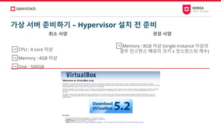 가상 서버 준비하기 – Hypervisor 설치 전 준비
➡CPU : 4 core 이상
➡Memory : 4GB 이상
➡Disk : 500GB
➡Memory : 8GB 이상 (single instance 이상의
경우 인스턴스 메모리 크기 x 인스턴스의 개수)
최소 사양 권장 사양
 