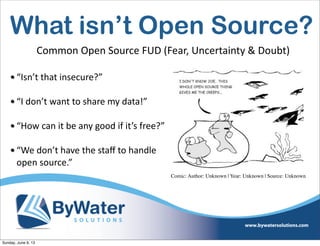 What isn’t Open Source?
• “Isn’t  that  insecure?”
• “I  don’t  want  to  share  my  data!”
• “How  can  it  be  any  good  if  it’s  free?”
• “We  don’t  have  the  staﬀ  to  handle  
open  source.”
Common  Open  Source  FUD  (Fear,  Uncertainty  &  Doubt)
Comic: Author: Unknown | Year: Unknown | Source: Unknown
Sunday, June 9, 13
 