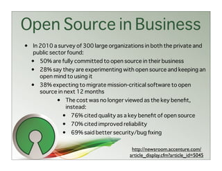 Open Source in Business
• In 2010 a survey of 300 large organizations in both the private and
  public sector found:
  • 50% are fully committed to open source in their business
  • 28% say they are experimenting with open source and keeping an
    open mind to using it
  • 38% expecting to migrate mission-critical software to open
    source in next 12 months
            • The cost was no longer viewed as the key beneﬁt,
              instead:
              • 76% cited quality as a key beneﬁt of open source
              • 70% cited improved reliability
              • 69% said better security/bug ﬁxing


                                         http://newsroom.accenture.com/
                                        article_display.cfm?article_id=5045
 