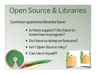 Open Source & Libraries
Common questions libraries have:

        • Is there support? Do I have to
          know how to program?
        • Do I have to skimp on features?
        • Isn’t Open Source risky?
        • Can I do it myself?
 
