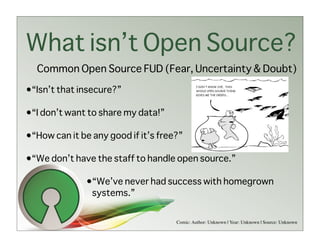 What isn’t Open Source?
  Common Open Source FUD (Fear, Uncertainty & Doubt)

•“Isn’t that insecure?”

•“I don’t want to share my data!”

•“How can it be any good if it’s free?”

•“We don’t have the staff to handle open source.”

              •“We’ve never had success with homegrown
               systems.”


                                     Comic: Author: Unknown | Year: Unknown | Source: Unknown
 