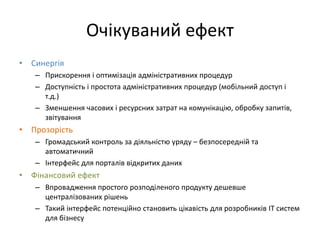 Очікуваний ефект
• Синергія
– Прискорення і оптимізація адміністративних процедур
– Доступність і простота адміністративних процедур (мобільний доступ і
т.д.)
– Зменшення часових і ресурсних затрат на комунікацію, обробку запитів,
звітування
• Прозорість
– Громадський контроль за діяльністю уряду – безпосередній та
автоматичний
– Інтерфейс для порталів відкритих даних
• Фінансовий ефект
– Впровадження простого розподіленого продукту дешевше
централізованих рішень
– Такий інтерфейс потенційно становить цікавість для розробників ІТ систем
для бізнесу
 