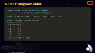 Where Histograms Shine
create
create table
table h1
h1 (
(id
id int
int unsigned
unsigned auto_increment
auto_increment,
,
x
x int
int unsigned
unsigned,
, primary
primary key
key(
(id
id)
))
);
;
insert
insert into
into h1
h1 (
(x
x)
) values
values (
(1
1)
),
,(
(1
1)
),
,(
(2
2)
),
,(
(2
2)
),
,(
(2
2)
),
,(
(3
3)
),
,(
(3
3)
),
,(
(3
3)
),
,(
(3
3)
);
;
select
select x
x,
, count
count(
(x
x)
) from
from h1
h1 group
group by
by x
x;
;
+
+---+----------+
---+----------+
|
| x
x |
| count
count(
(x
x)
) |
|
+
+---+----------+
---+----------+
|
| 1
1 |
| 2
2 |
|
|
| 2
2 |
| 3
3 |
|
|
| 3
3 |
| 4
4 |
|
+
+---+----------+
---+----------+
3
3 rows
rows in
in set
set (
(0.0234
0.0234 sec
sec)
)
Copyright @ 2022 Oracle and/or its affiliates.
108
 