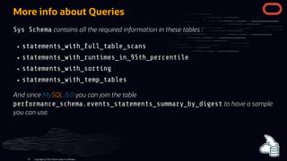 More info about Queries
Sys Schema contains all the required information in these tables :
statements_with_full_table_scans
statements_with_runtimes_in_95th_percentile
statements_with_sorting
statements_with_temp_tables
And since MySQL 8.0 you can join the table
performance_schema.events_statements_summary_by_digest to have a sample
you can use.
Copyright @ 2022 Oracle and/or its affiliates.
14
 