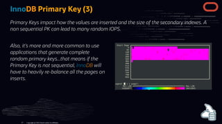 Also, it's more and more common to use
applications that generate complete
random primary keys...that means if the
Primary Key is not sequential, InnoDB will
have to heavily re-balance all the pages on
inserts.
InnoDB Primary Key (3)
Primary Keys impact how the values are inserted and the size of the secondary indexes. A
non sequential PK can lead to many random IOPS.
Copyright @ 2022 Oracle and/or its affiliates.
57
 