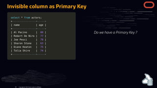 select
select *
* from
from actors
actors;
;
+
+----------------+-----+
----------------+-----+
|
| name
name |
| age
age |
|
+
+----------------+-----+
----------------+-----+
|
| Al Pacino
Al Pacino |
| 80
80 |
|
|
| Robert De Niro
Robert De Niro |
| 77
77 |
|
|
| Joe Pesci
Joe Pesci |
| 78
78 |
|
|
| Sharon Stone
Sharon Stone |
| 63
63 |
|
|
| Diane Keaton
Diane Keaton |
| 75
75 |
|
|
| Talia Shire
Talia Shire |
| 74
74 |
|
+
+----------------+-----+
----------------+-----+
Do we have a Primary Key ?
Invisible column as Primary Key
Copyright @ 2022 Oracle and/or its affiliates.
60
 