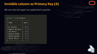 select
select *
* from
from actors
actors;
;
+
+----------------+-----+
----------------+-----+
|
| name
name |
| age
age |
|
+
+----------------+-----+
----------------+-----+
|
| Al Pacino
Al Pacino |
| 80
80 |
|
|
| Robert De Niro
Robert De Niro |
| 77
77 |
|
|
| Joe Pesci
Joe Pesci |
| 78
78 |
|
|
| Sharon Stone
Sharon Stone |
| 63
63 |
|
|
| Diane Keaton
Diane Keaton |
| 75
75 |
|
|
| Talia Shire
Talia Shire |
| 74
74 |
|
+
+----------------+-----+
----------------+-----+
Invisible column as Primary Key (4)
We can now test again our application's queries:
Copyright @ 2022 Oracle and/or its affiliates.
63
 
