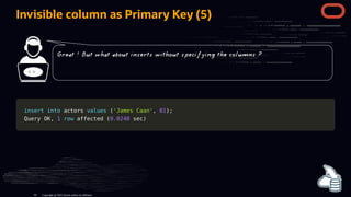 Invisible column as Primary Key (5)
< >
insert
insert into
into actors
actors values
values (
('James Caan'
'James Caan',
, 81
81)
);
;
Query OK
Query OK,
, 1
1 row
row affected
affected (
(0.0248
0.0248 sec
sec)
)
Copyright @ 2022 Oracle and/or its affiliates.
Great ! But what about inserts without specifying the columns ?
64
 