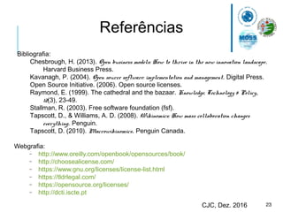 23CJC, Dez. 2016
Referências
Bibliografia:
Chesbrough, H. (2013). Open business models: How to thrive in the new innovation landscape.
Harvard Business Press.
Kavanagh, P. (2004). Open source software: implementation and management. Digital Press.
Open Source Initiative. (2006). Open source licenses.
Raymond, E. (1999). The cathedral and the bazaar. Knowledge, Technology & Policy,
12(3), 23-49.
Stallman, R. (2003). Free software foundation (fsf).
Tapscott, D., & Williams, A. D. (2008). Wikinomics: How mass collaboration changes
everything. Penguin.
Tapscott, D. (2010). Macrowikinomics. Penguin Canada.
Webgrafia:
− http://www.oreilly.com/openbook/opensources/book/
− http://choosealicense.com/
− https://www.gnu.org/licenses/license-list.html
− https://tldrlegal.com/
− https://opensource.org/licenses/
− http://dcti.iscte.pt
 
