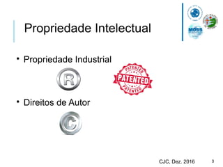 3CJC, Dez. 2016
Propriedade Intelectual

Propriedade Industrial

Direitos de Autor
 