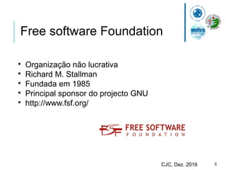 5CJC, Dez. 2016
Free software Foundation

Organização não lucrativa

Richard M. Stallman

Fundada em 1985

Principal sponsor do projecto GNU

http://www.fsf.org/
 