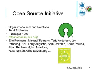 8CJC, Dez. 2016
Open Source Initiative

Organização sem fins lucrativos

Todd Andersen

Fundação 1998

https://opensource.org/

Eric Raymond, Michael Tiemann, Todd Anderson, Jon
“maddog” Hall, Larry Augustin, Sam Ockman, Bruce Perens,
Brian Behlendorf, Ian Murdock,
Russ Nelson, Chip Salzenberg ...
 