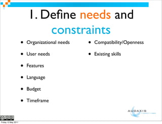 1. Deﬁne needs and
                             constraints
                     •   Organizational needs   •   Compatibility/Openness

                     •   User needs             •   Existing skills

                     •   Features

                     •   Language

                     •   Budget

                     •   Timeframe



Friday 13 May 2011
 