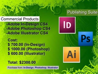 Publishing Suite
Commercial Products
  -Adobe In-Design CS4
  -Adobe Photoshop CS4
  -Adobe Illustrator CS4
   Cost:
   $ 700.00 (In-Design)
   $ 1000.00 (Photoshop)
   $ 600.00 (Illustrator)

   Total: $2300.00
   Purchase from: In-Design, Photoshop, Illustrator
 