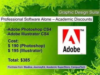 Graphic Design Suite
Professional Software Alone – Academic Discounts

  -Adobe Photoshop CS4
  -Adobe Illustrator CS4
   Cost:
   $ 190 (Photoshop)
   $ 195 (Illustrator)

   Total: $385
   Purchase from: Studica, JourneyEd, Academic SuperStore, CampusTech
 