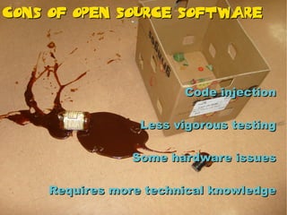 Cons Of Open Source Software




                       Code injection

                 Less vigorous testing

                Some hardware issues

    Requires more technical knowledge
 