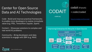 Center for Open Source
Data and AI Technologies
2018 / © 2018 IBM Corporation
codait (French)
= coder/coded
https://m.interglot.com/fr/en/codaitCode - Build and improve practical frameworks
to enable more developers to realize immediate
value (e.g. FfDL, Tensorflow Jupyter, Spark)
Content – Showcase solutions to complex and
real world AI problems
Community – Bring developers and data
scientists to engage with IBM (e.g. MAX)
Improving Enterprise AI lifecycle in Open Source
Gather
Data
Analyze
Data
Machine
Learning
Deep
Learning
Deploy
Model
Maintain
Model
Python
Data Science
Stack
Fabric for
Deep Learning
(FfDL)
Mleap +
PFA
Scikit-LearnPandas
Apache
Spark
Apache
Spark
Jupyter
Model
Asset
eXchange
Keras +
Tensorflow
CODAIT
codait.org
10
 