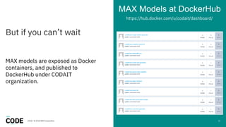 But if you can’t wait
MAX Models at DockerHub
2018 / © 2018 IBM Corporation
MAX models are exposed as Docker
containers, and published to
DockerHub under CODAIT
organization.
31
https://hub.docker.com/u/codait/dashboard/
 