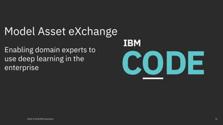 Model Asset eXchange
112018 / © 2018 IBM Corporation
Enabling domain experts to
use deep learning in the
enterprise
 