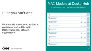 But if you can’t wait
MAX Models at DockerHub
2018 / © 2018 IBM Corporation
MAX models are exposed as Docker
containers, a...