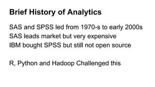 Brief History of Analytics
SAS and SPSS led from 1970-s to early 2000s
SAS leads market but very expensive
IBM bought SPSS but still not open source
R, Python and Hadoop Challenged this
 