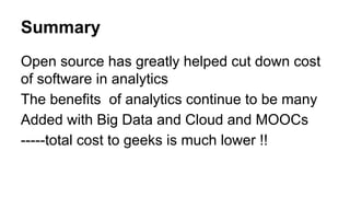 So many packages- CRAN Views to
the rescue
http://cran.r-project.org/web/views/
NumericalMathematics Numerical Mathematics
OfficialStatistics Official Statistics & Survey Methodology
Optimization Optimization and Mathematical Programming
Pharmacokinetics Analysis of Pharmacokinetic Data
Phylogenetics Phylogenetics, Especially Comparative Methods
Psychometrics Psychometric Models and Methods
ReproducibleResearch Reproducible Research
Robust Robust Statistical Methods
SocialSciences Statistics for the Social Sciences
Spatial Analysis of Spatial Data
SpatioTemporal Handling and Analyzing Spatio-Temporal Data
Survival Survival Analysis
TimeSeries Time Series Analysis
WebTechnologies Web Technologies and Services
gR gRaphical Models in R
 