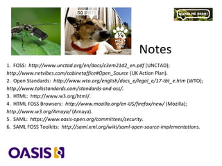 Notes
1. FOSS: http://www.unctad.org/en/docs/c3em21d2_en.pdf (UNCTAD);
http://www.netvibes.com/cabinetoffice#Open_Source (UK Action Plan).
2. Open Standards: http://www.wto.org/english/docs_e/legal_e/17-tbt_e.htm (WTO);
http://www.talkstandards.com/standards-and-oss/.
3. HTML: http://www.w3.org/html/.
4. HTML FOSS Browsers: http://www.mozilla.org/en-US/firefox/new/ (Mozilla);
http://www.w3.org/Amaya/ (Amaya).
5. SAML: https://www.oasis-open.org/committees/security.
6. SAML FOSS Toolkits: http://saml.xml.org/wiki/saml-open-source-implementations.
 
