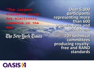 "The largest
standards group
for electronic
commerce on the
Web"
Over 5,000Over 5,000
participantsparticipants
representing morerepresenting more
than 600than 600
organizations andorganizations and
individualsindividuals
70+ technical70+ technical
committeescommittees
producing royalty-producing royalty-
free and RANDfree and RAND
standardsstandards
 