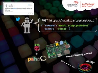 POST https://na.airvantage.net/api
{ "command":"bensPi.strip.pushPixel",
"param": "orange" }

+

g  device
unicatin
comm

«thing»

 