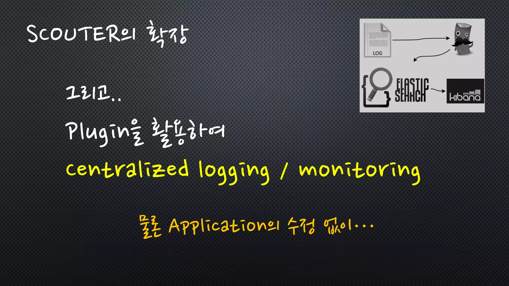 그리고..
Plugin을 활용하여
Centralized logging / monitoring
물론 Application의 수정 없이…
SCOUTER의 확장
 