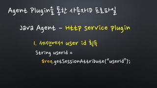 Agent Plugin을 통한 사용자ID 프로파일
Java Agent – Http service plugin
1. 세션에서 user id 획득
String userId =
$req.getSessionAttribute(“userId”);
 