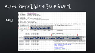 $ctx.login(userId);
$ctx.profile(“### It’s user defined …” + userId);
Agent Plugin을 통한 사용자ID 프로파일
데모!
 