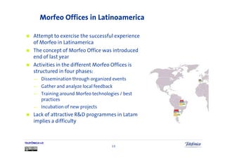 Morfeo Offices in Latinoamerica

      Attempt to exercise the successful experience
      of Morfeo in Latinamerica
      The concept of Morfeo Office was introduced
      end of last year
      Activities in the different Morfeo Offices is
      structured in four phases:
      —     Dissemination through organized events
      —     Gather and analyze local feedback
      —     Training around Morfeo technologies / best
            practices
      —     Incubation of new projects
      Lack of attractive R&D programmes in Latam
      implies a difficulty


TELEFÓNICA I+D
                                            13
 