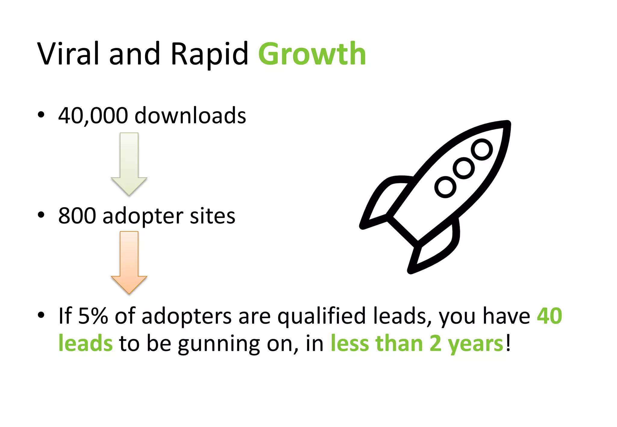 Viral and Rapid Growth
• 40,000 downloads


• 800 adopter sites


• If 5% of adopters are qualified leads, you have 40
  leads to be gunning on, in less than 2 years!
 