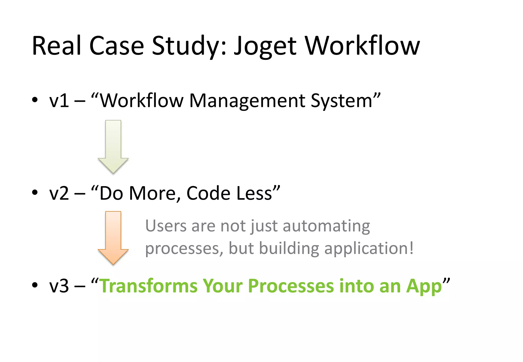 Real Case Study: Joget Workflow
• v1 – “Workflow Management System”



• v2 – “Do More, Code Less”
            Users are not just automating
            processes, but building application!

• v3 – “Transforms Your Processes into an App”
 