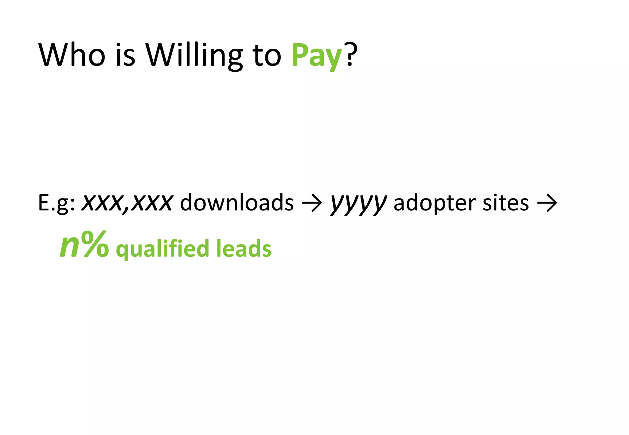 Who is Willing to Pay?



E.g: xxx,xxx downloads → yyyy adopter sites →
 n% qualified leads
 
