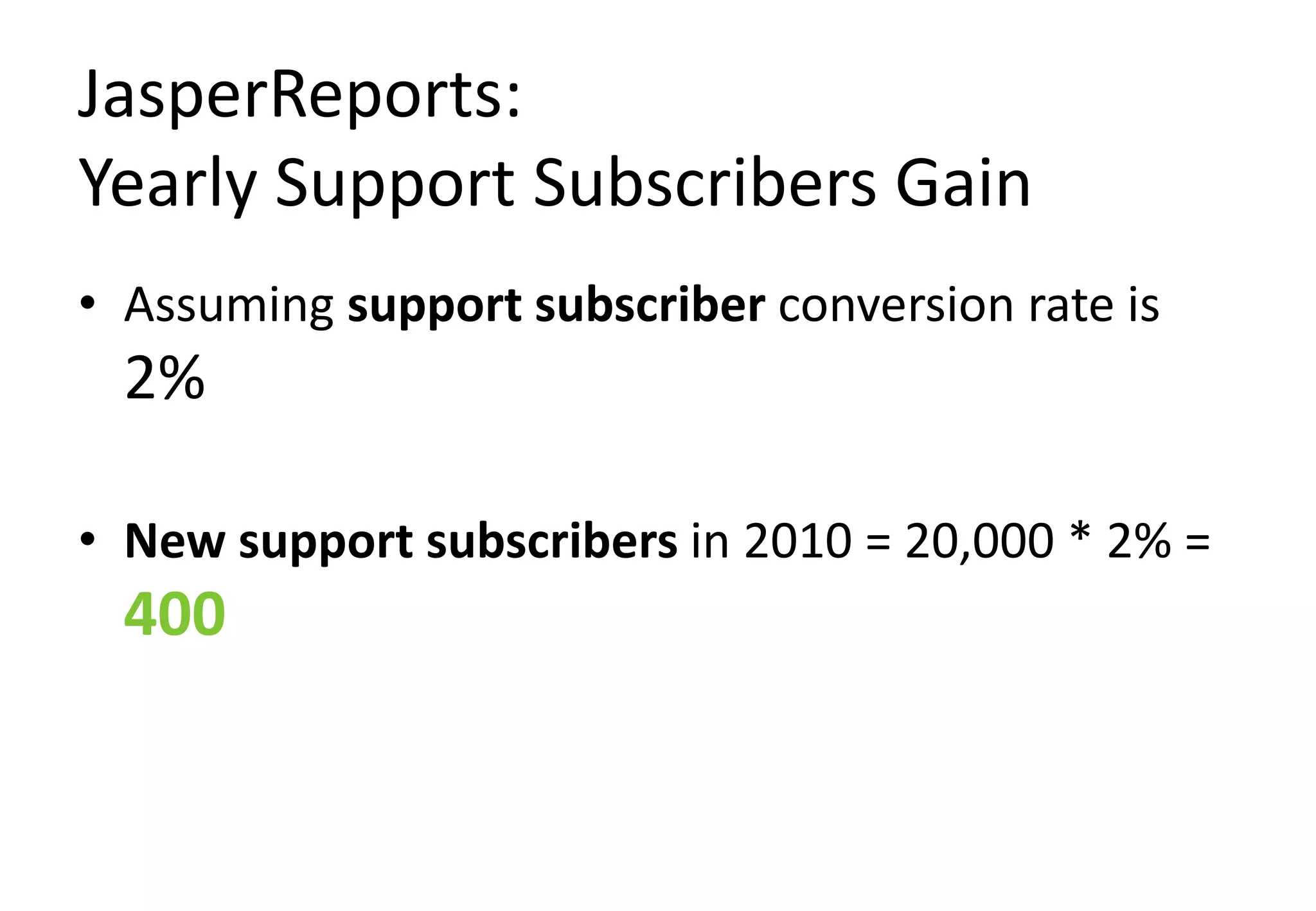 JasperReports:
Yearly Support Subscribers Gain
• Assuming support subscriber conversion rate is
  2%

• New support subscribers in 2010 = 20,000 * 2% =
  400
 