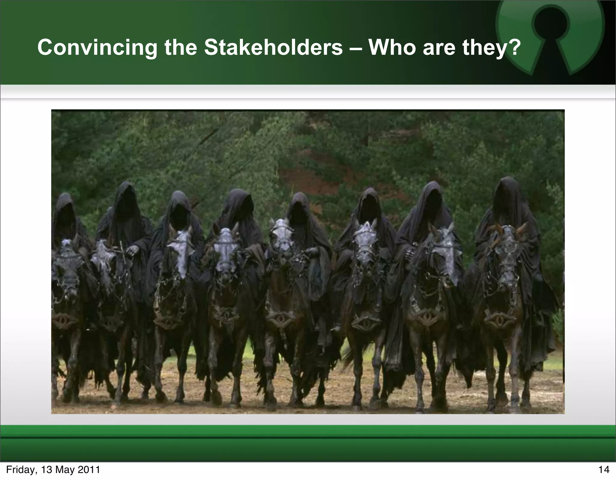 Convincing the Stakeholders – Who are they?




Friday, 13 May 2011                                 14
 